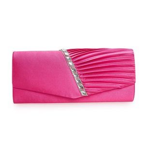Evening Handbag Crystal Embellished And Pleated Satin Clutch Hot Pink UwU